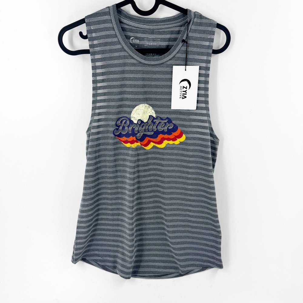 Zyia Active Brighter Muscle Tank Gray Striped Mesh Graphic Workout Top Womens M